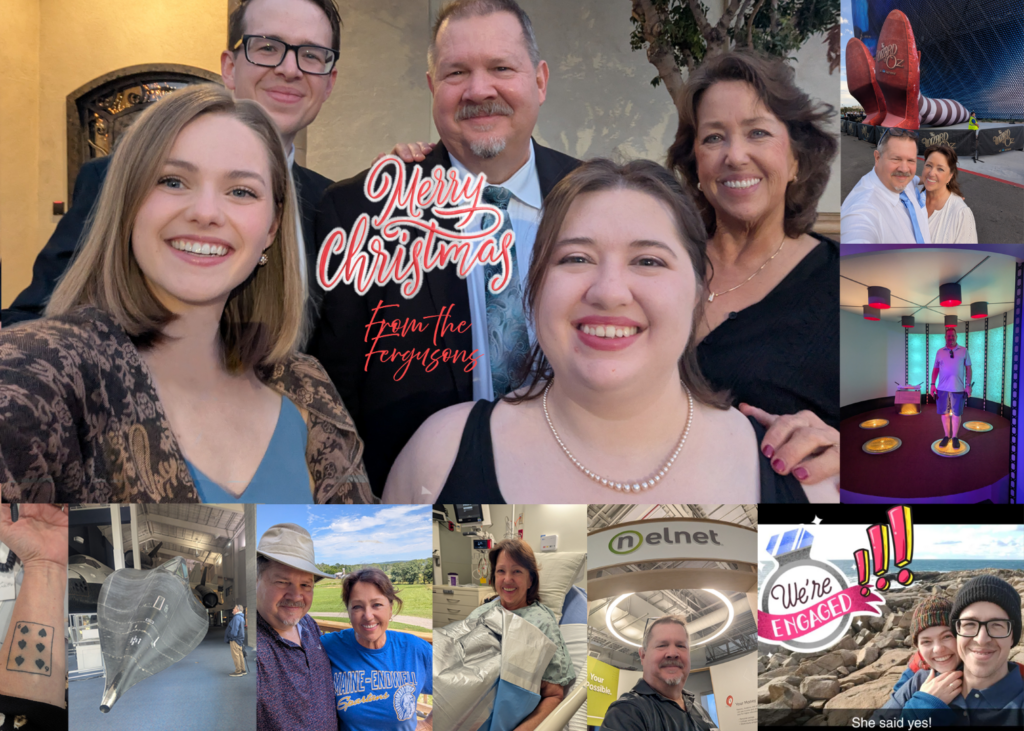 The Ferguson's 2025 Photo Christmas Card featuring (back row) L-R, Nolan, Byron, Toni.  (front row) L-R Alexis, Kyra